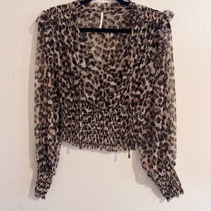 Free People Sheer Leopard-Print V-Neck Blouse in Tan and Black, Size Small